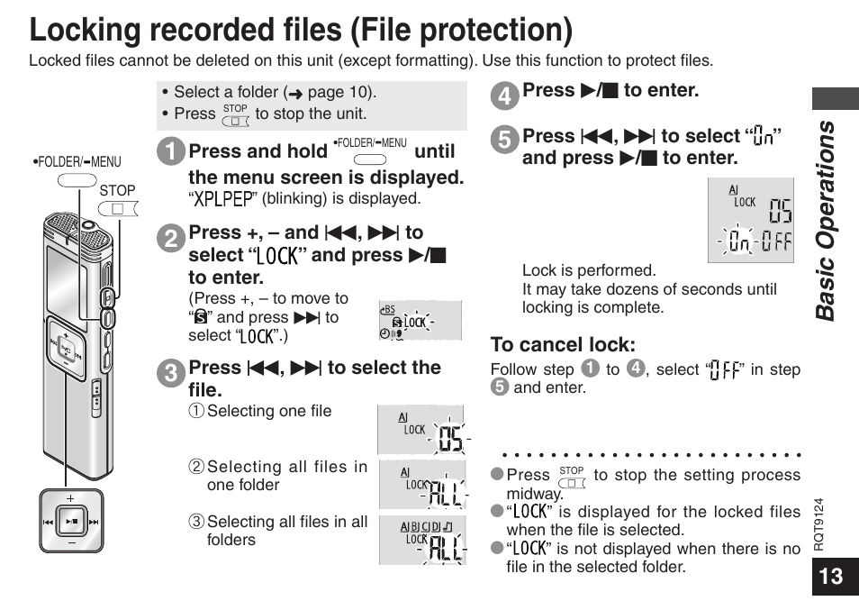 Locking recorded files (file protection), Basic operations | Panasonic RR-US950 User Manual | Page 13 / 48