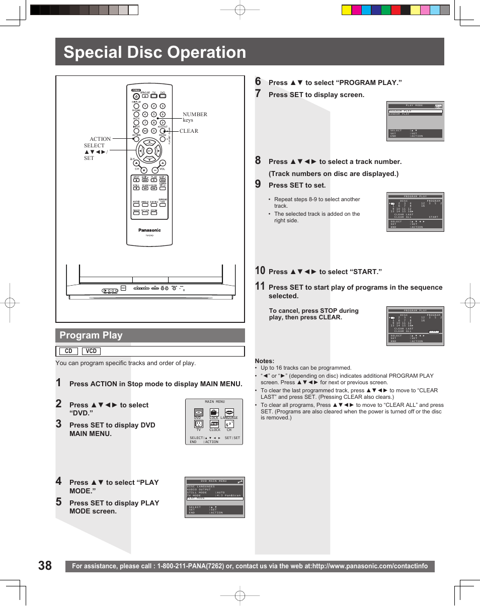 Special disc operation, Program play | Panasonic PV 20DF25 User Manual | Page 38 / 56