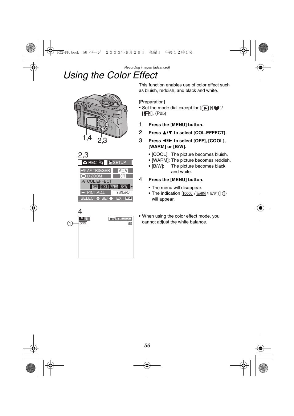 Using the color effect | Panasonic DMC-FZ2PP User Manual | Page 56 / 112
