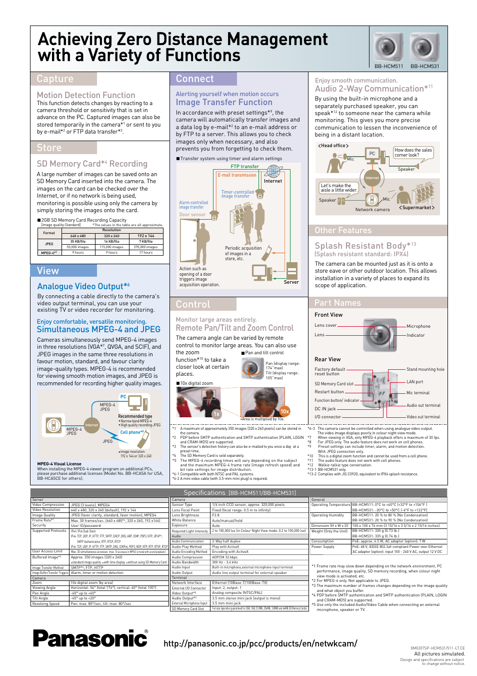 Capture view store, Control, Connect | Other features, Motion detection function, Recording, Simultaneous mpeg-4 and jpeg, Audio 2-way communication, Remote pan/tilt and zoom control, Splash resistant body | Panasonic BB-HCM531 User Manual | Page 2 / 2