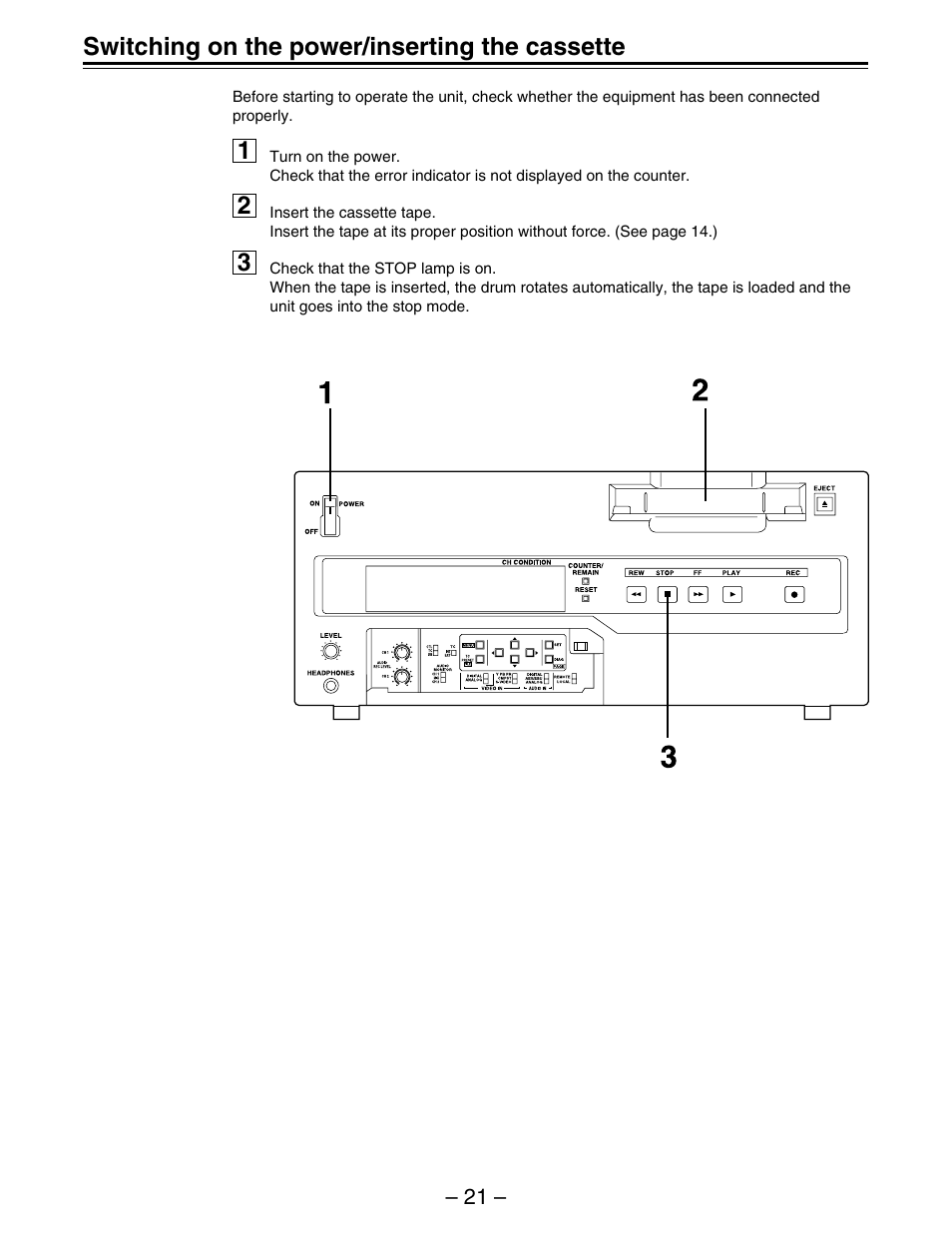 Switching on the power/inserting the cassette | Panasonic AJ-D450 User Manual | Page 21 / 68