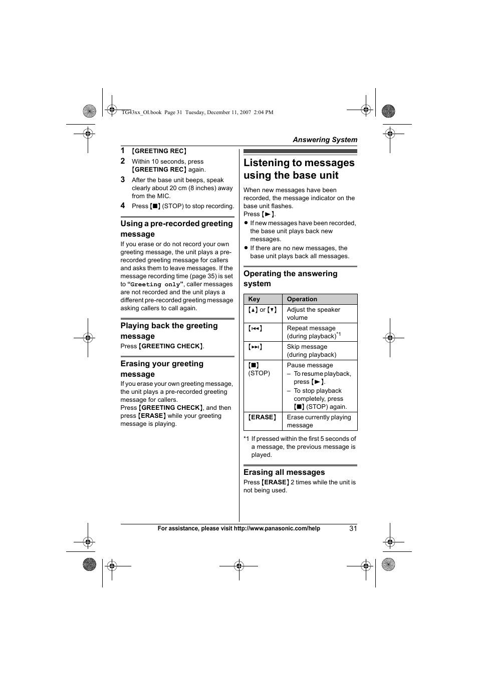 Listening to messages using the base unit | Panasonic KXTG4321 User Manual | Page 31 / 56