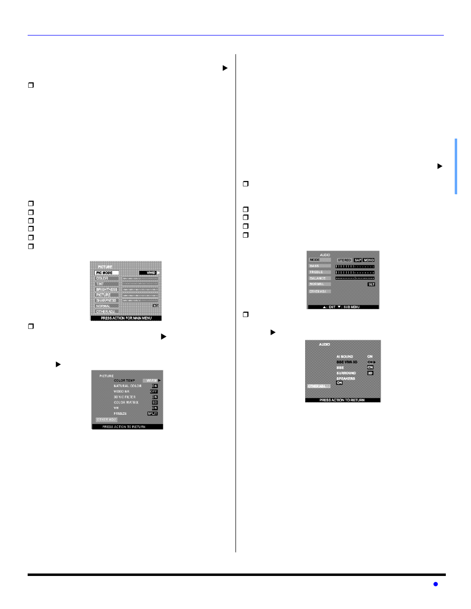 Icon menus operation, Picture, Audio | Panasonic PT 56WX53 User Manual | Page 23 / 104