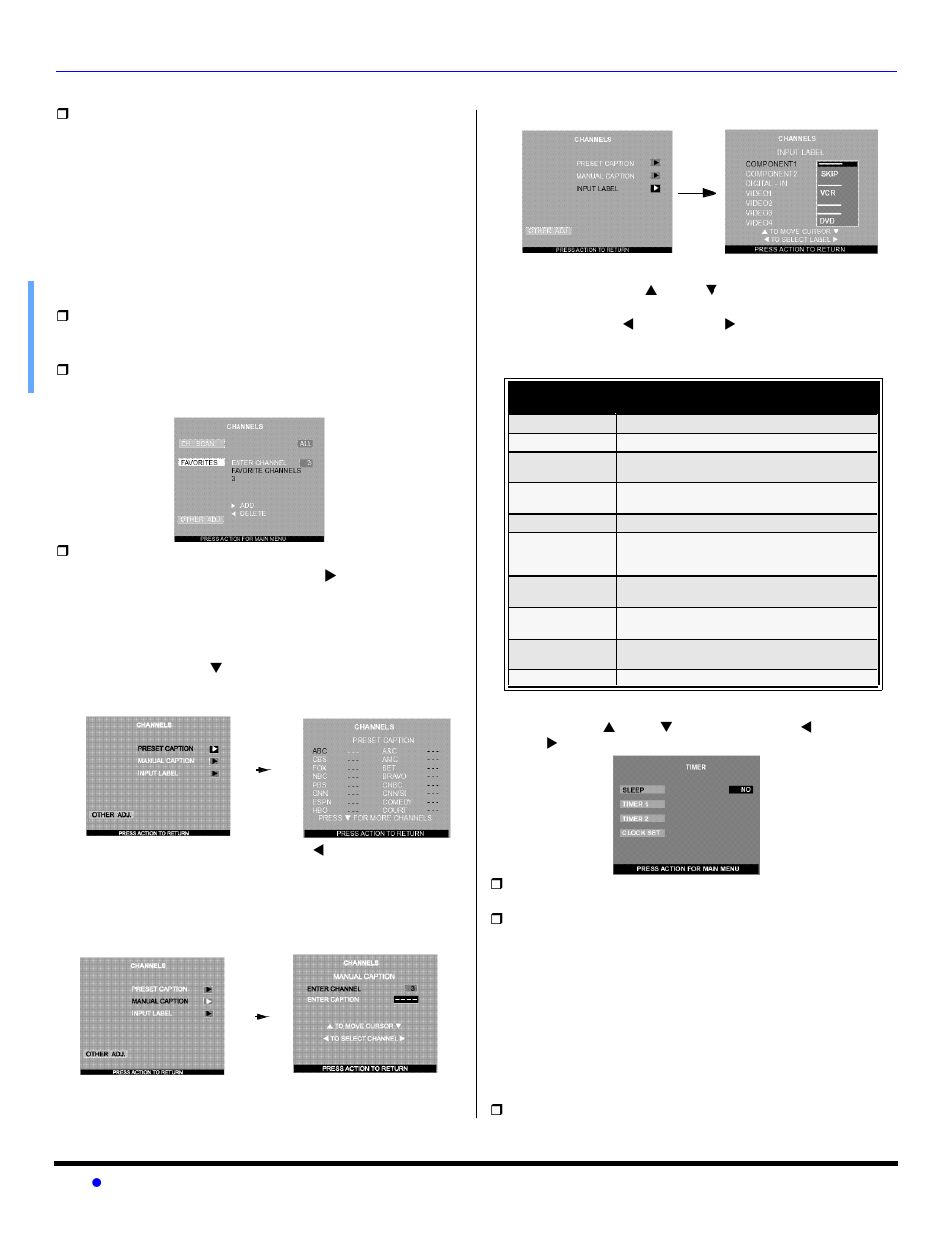 Channels, Timer, Audio (cont.) | Panasonic PT 56WX53 User Manual | Page 24 / 104