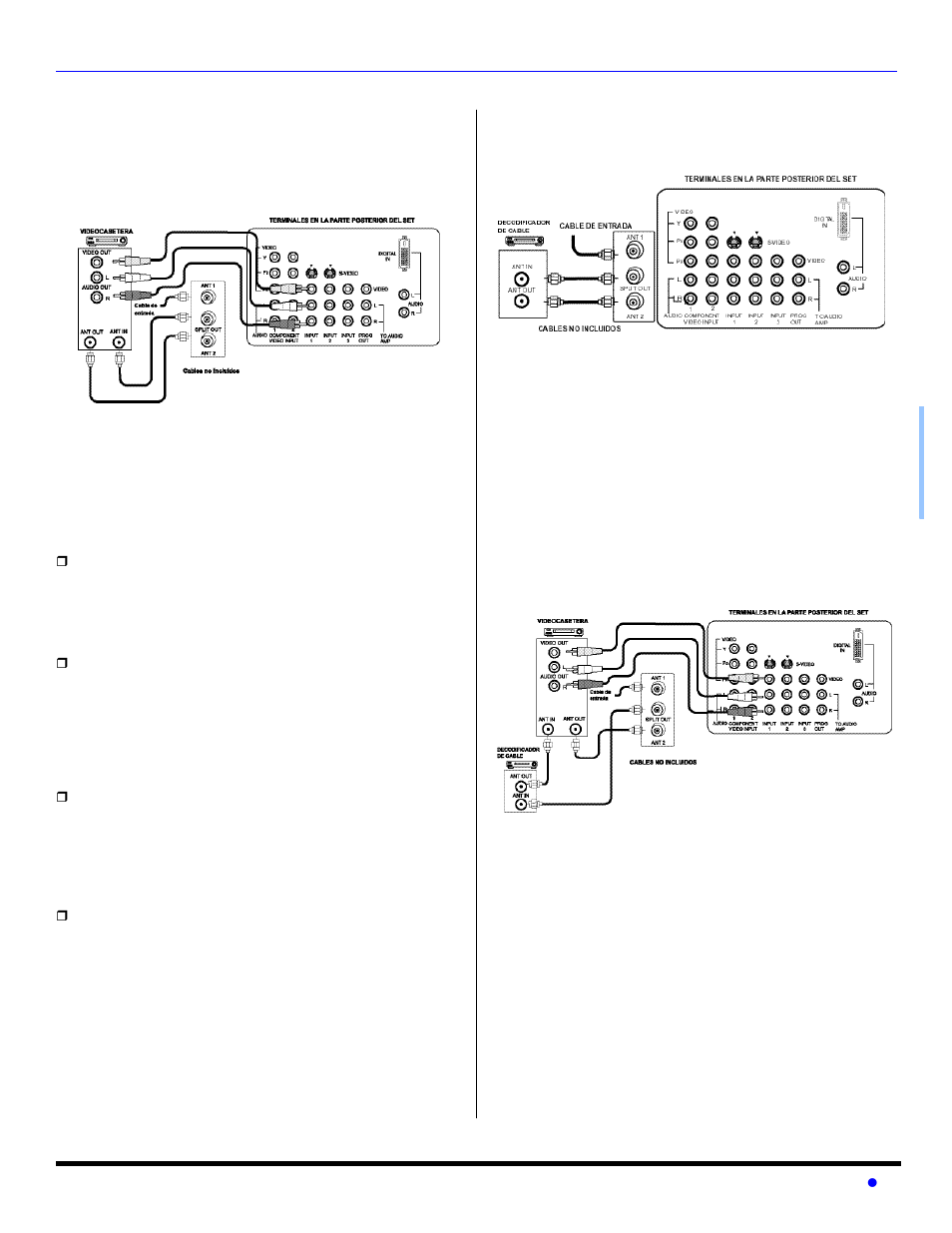 Conexiones de equipo opcional, Conexion de la videocasetera, Conexion del decodificador de cable | Conexión de la videocasetera, Conexión del decodificador de cable | Panasonic PT 56WX53 User Manual | Page 39 / 104