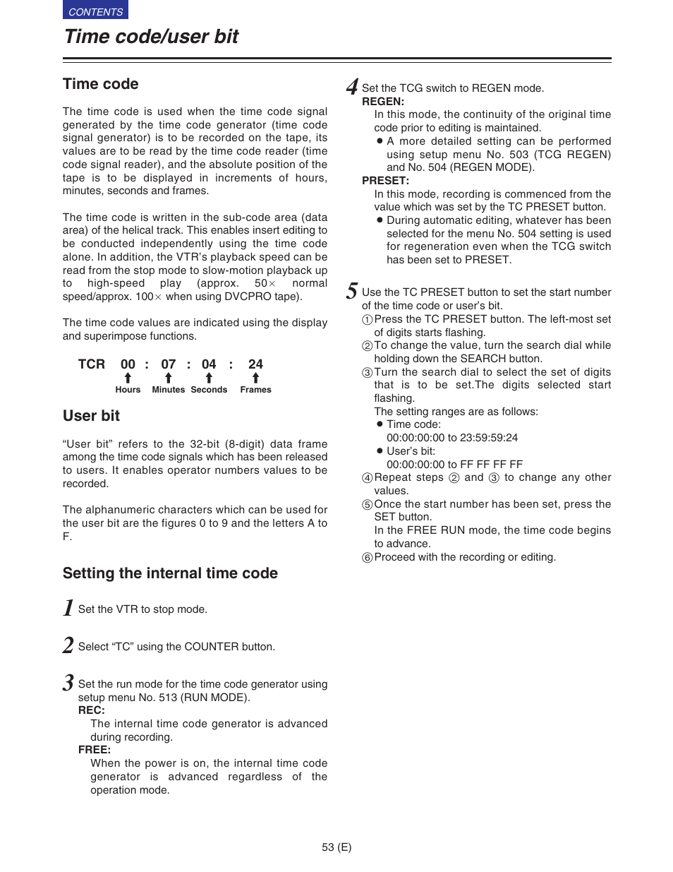 Time code/user bit, Time code/user’s bit, Time code | User bit, Setting the internal time code | Panasonic VQT9958 User Manual | Page 53 / 77