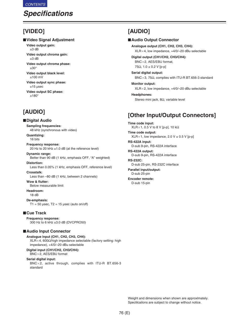 Specifications, Video, Audio | Other input/output connectors | Panasonic VQT9958 User Manual | Page 76 / 77