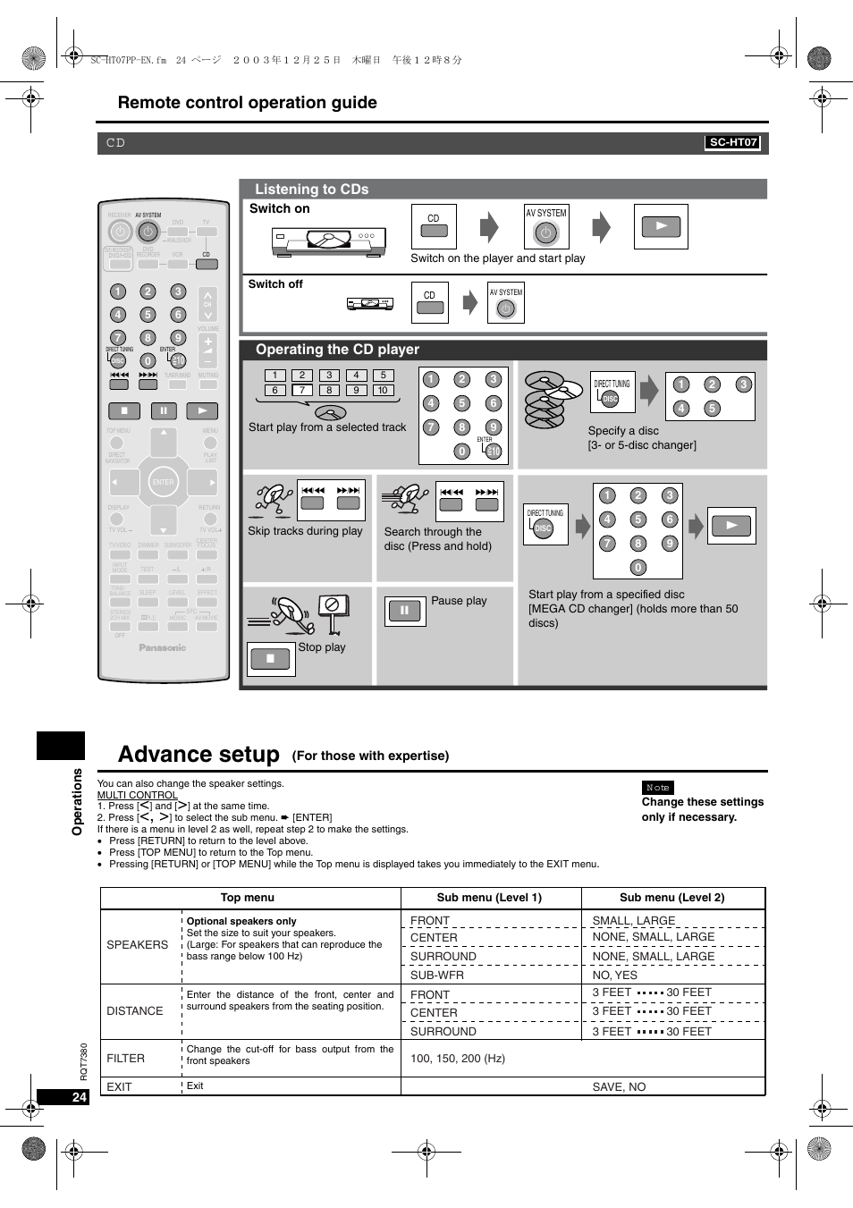 Advance setup, Dvance setup, 2emote control operation guide | Istening to #$s, Perating the #$ player, P eratio ns, 3witch on, Or those with expertise | Panasonic HT-SC07 User Manual | Page 24 / 28