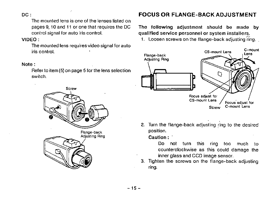 Focus or flange-back adjustment | Panasonic WV-BP100 User Manual | Page 17 / 20