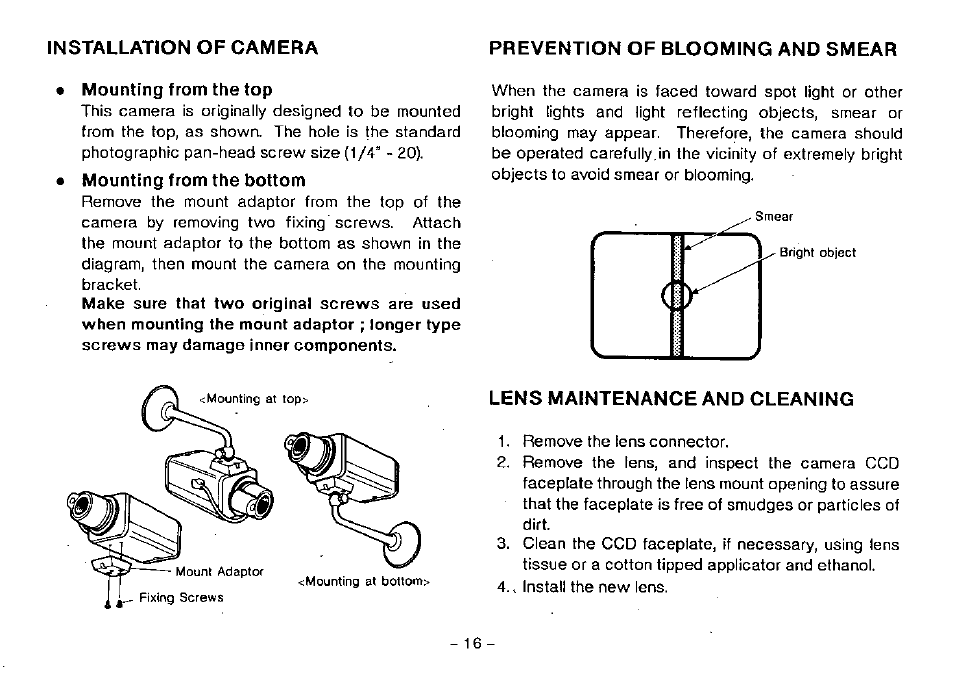 Installation of camera, Prevention of blooming and smear, Mounting from the top | Mounting from the bottom, Lens maintenance and cleaning | Panasonic WV-BP100 User Manual | Page 18 / 20