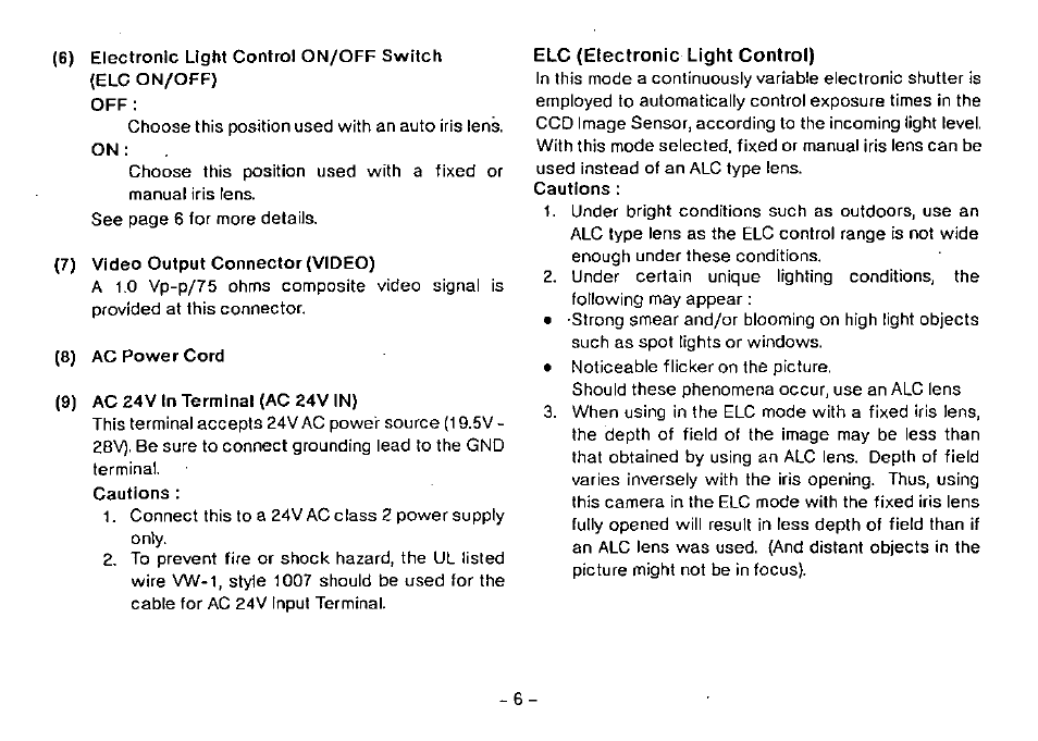 Elc (electronic light control) | Panasonic WV-BP100 User Manual | Page 8 / 20