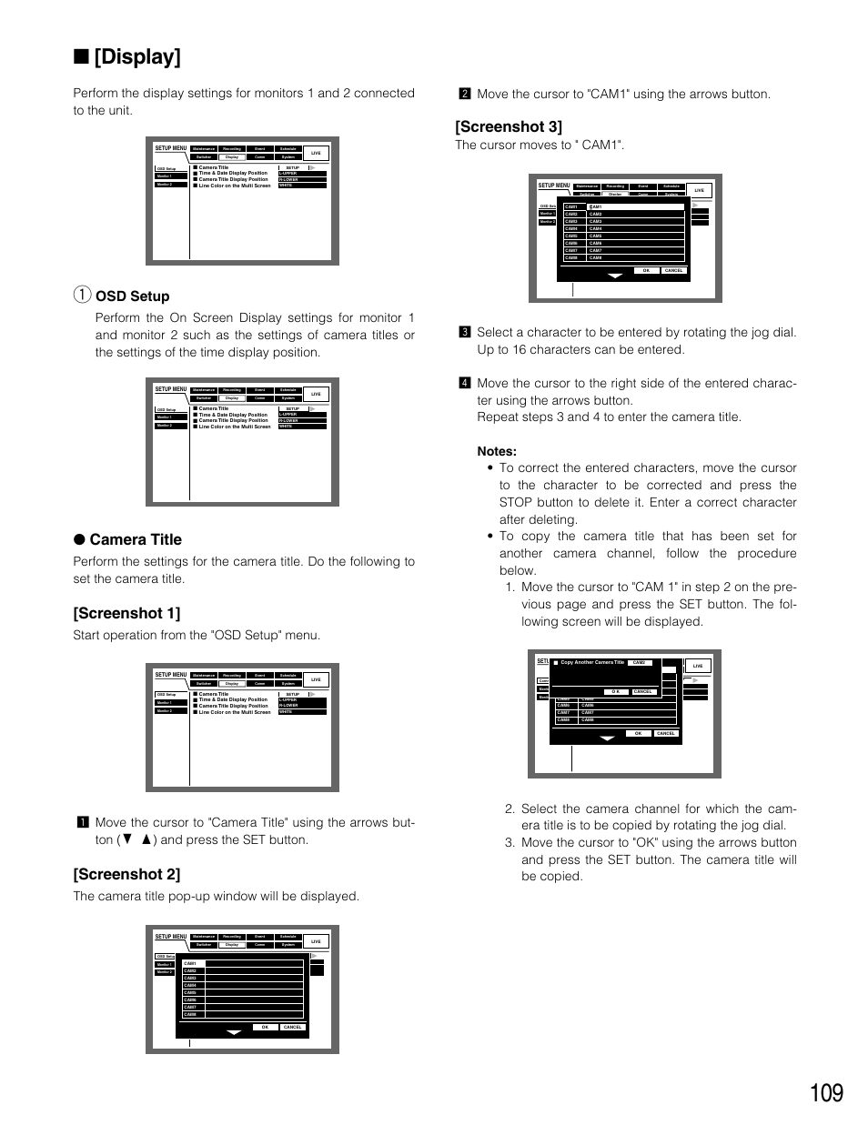 Display, Camera title, Screenshot 1 | Screenshot 2, Screenshot 3, Osd setup | Panasonic WJ-HD316 User Manual | Page 109 / 160