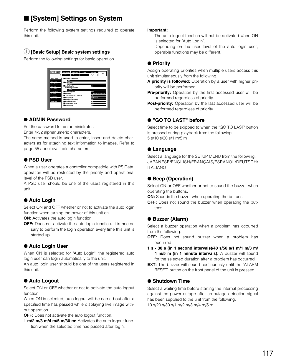 System] settings on system, Admin password, Psd user | Auto login, Auto login user, Auto logout, Priority, Go to last" before, Language, Beep (operation) | Panasonic WJ-HD316 User Manual | Page 117 / 160