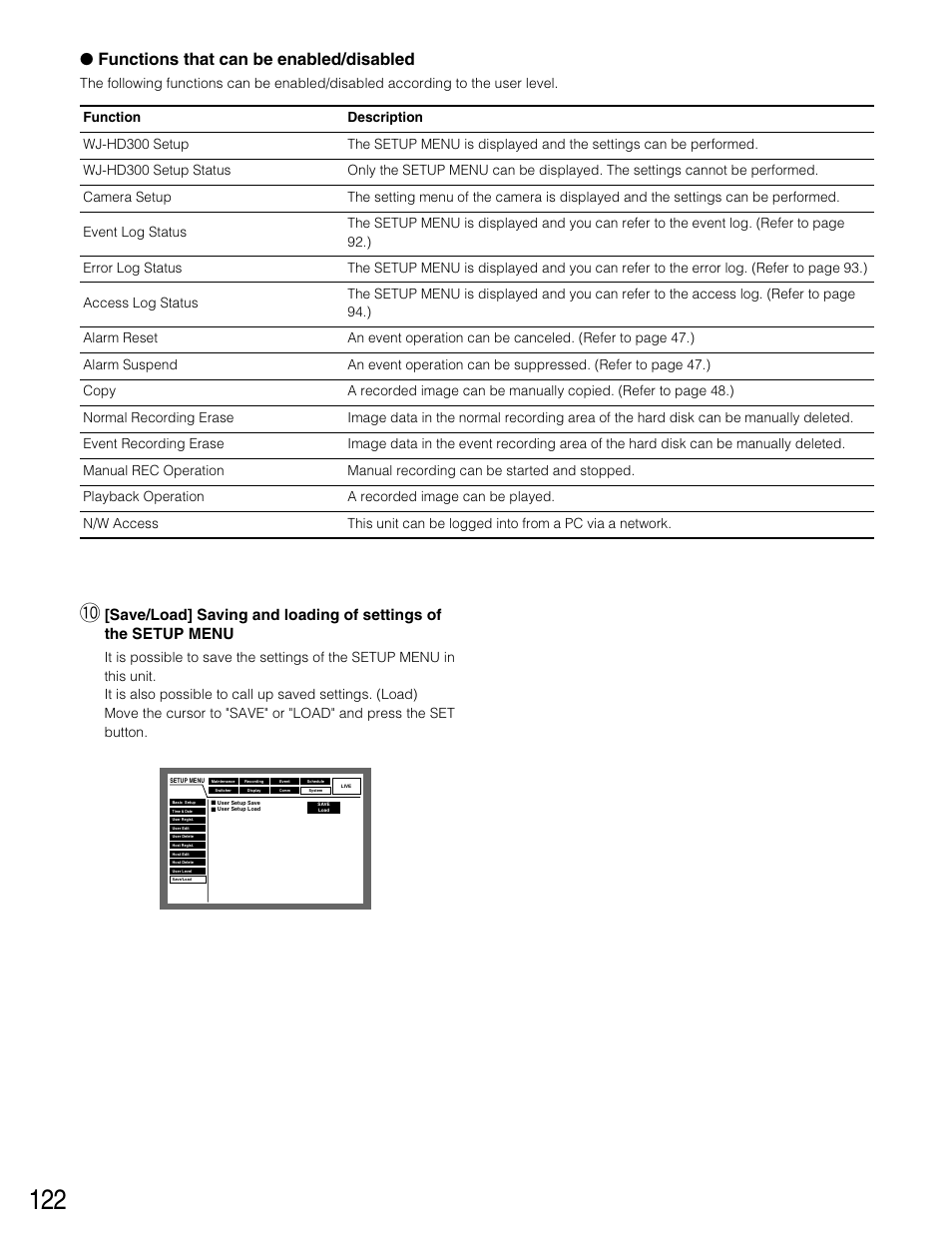 Functions that can be enabled/disabled | Panasonic WJ-HD316 User Manual | Page 122 / 160