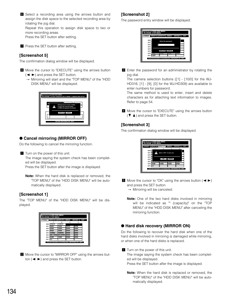 Screenshot 5, Cancel mirroring (mirror off), Screenshot 1 | Screenshot 2, Screenshot 3, Hard disk recovery (mirror on) | Panasonic WJ-HD316 User Manual | Page 134 / 160