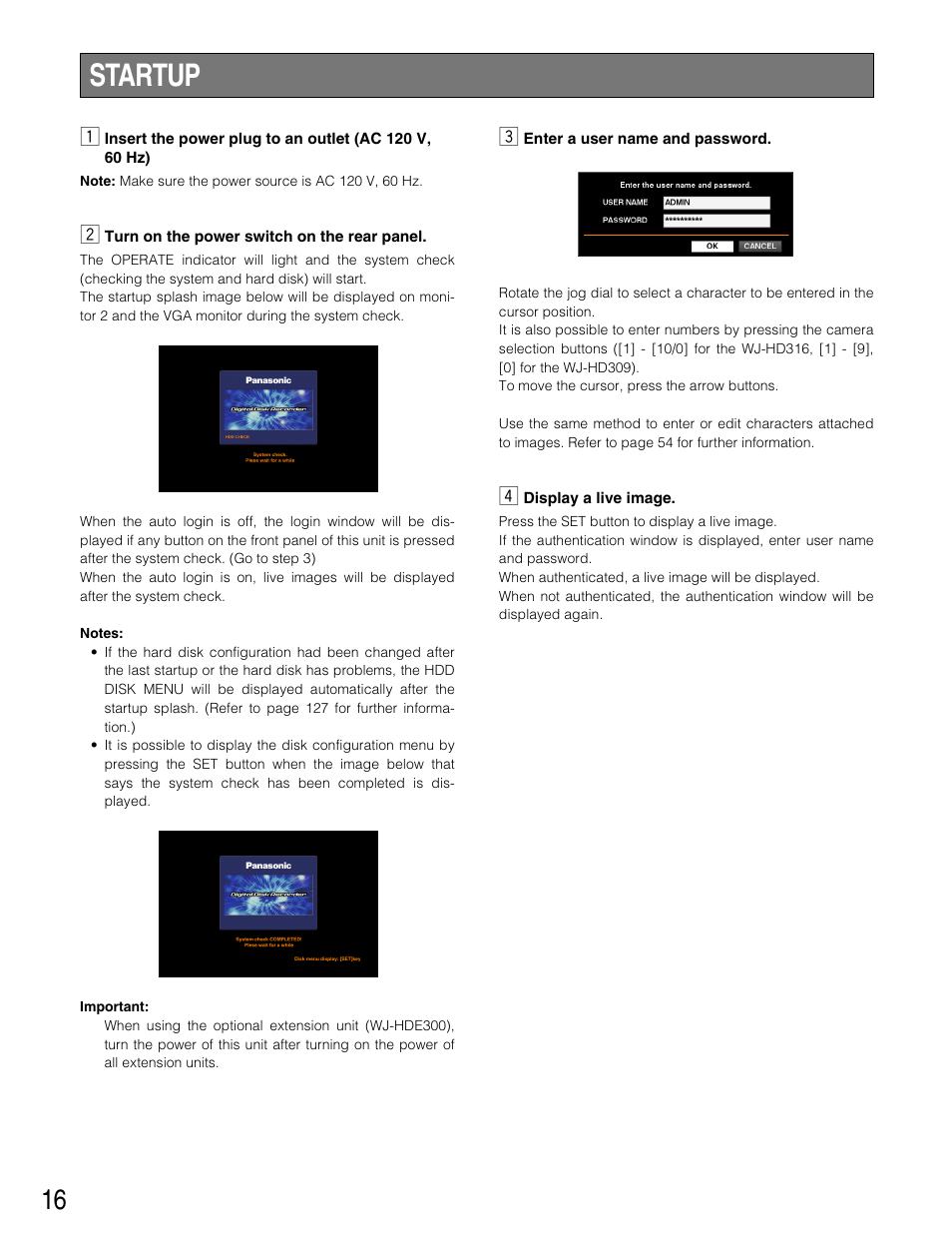 Startup | Panasonic WJ-HD316 User Manual | Page 16 / 160