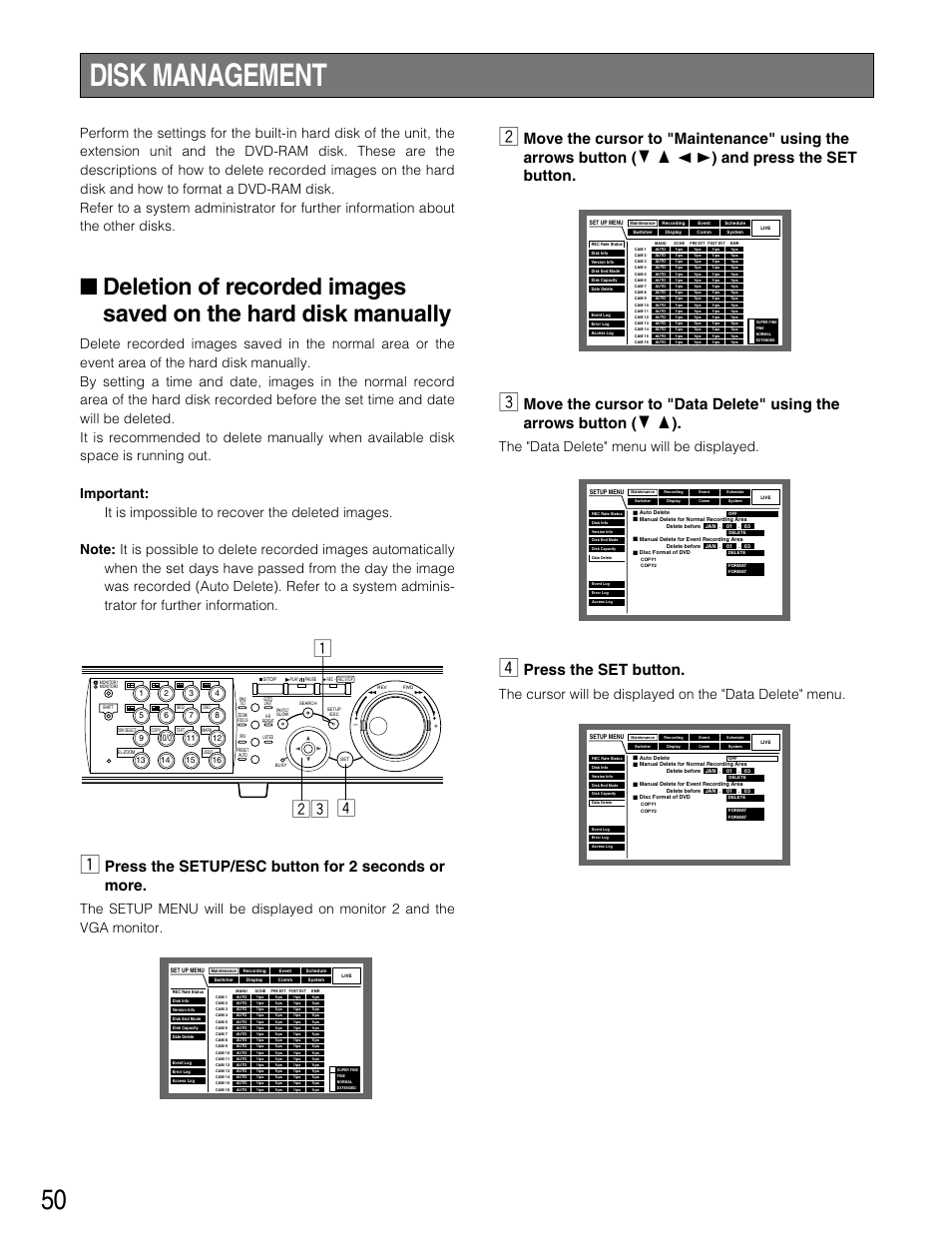 Disk management, Deletion of recorded images, Deletion of recorded images saved on the | Hard disk manually, Zv xc, Press the setup/esc button for 2 seconds or more, Press the set button, The "data delete" menu will be displayed | Panasonic WJ-HD316 User Manual | Page 50 / 160
