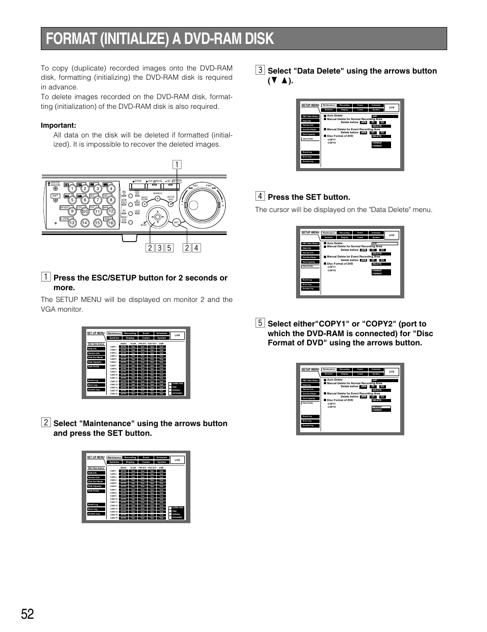 Format (initialize) a dvd-ra, Format (initialize) a dvd-ram disk, Zxv xcb | Press the esc/setup button for 2 seconds or more, Press the set button | Panasonic WJ-HD316 User Manual | Page 52 / 160