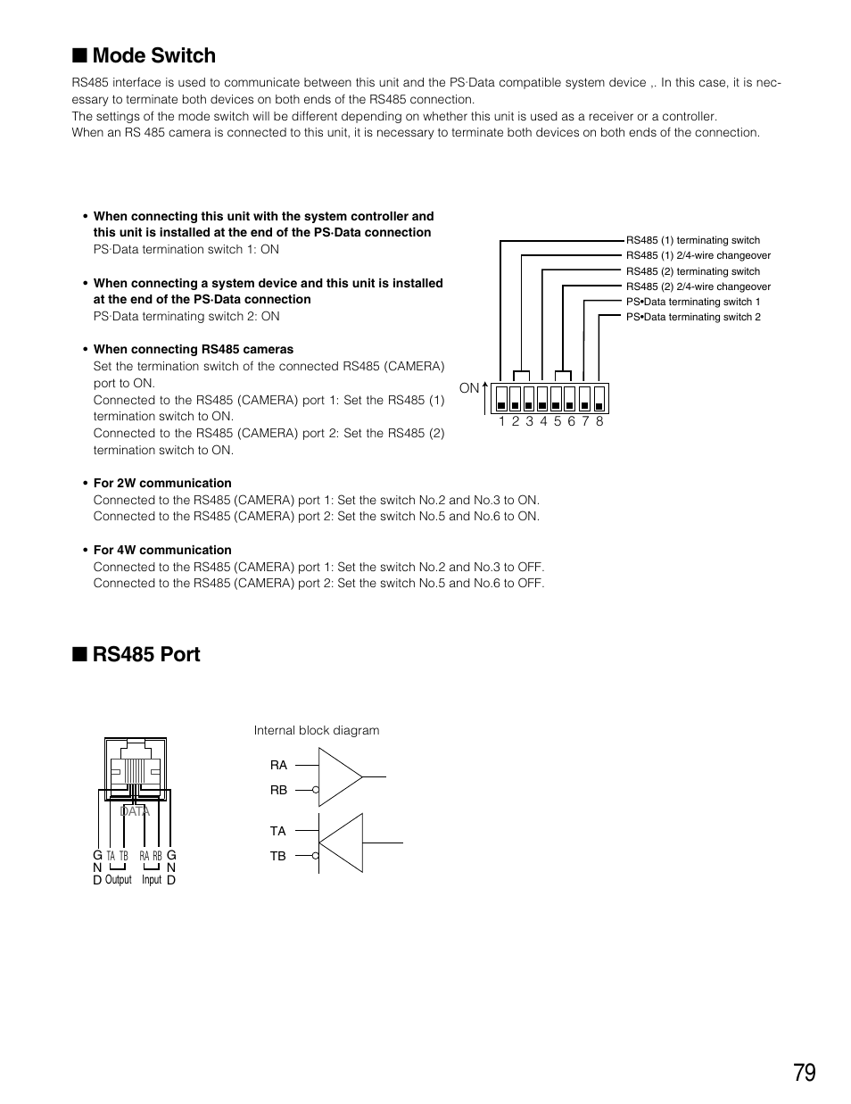 Mode switch, Rs485 port | Panasonic WJ-HD316 User Manual | Page 79 / 160
