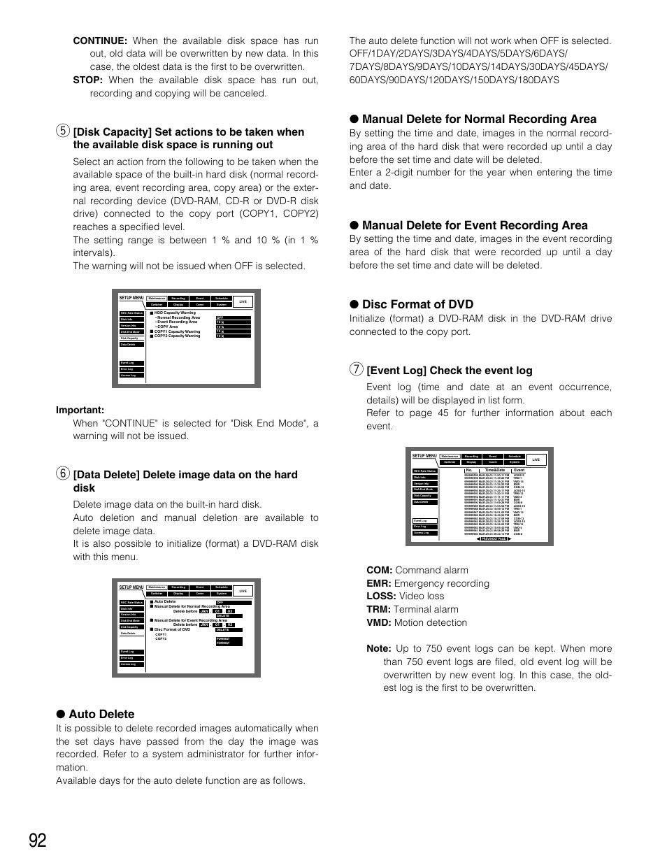 Auto delete, Manual delete for normal recording area, Manual delete for event recording area | Disc format of dvd, Data delete] delete image data on the hard disk, Event log] check the event log | Panasonic WJ-HD316 User Manual | Page 92 / 160