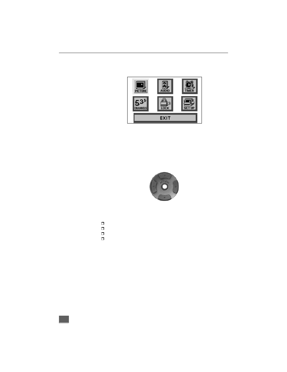 Main menu, Action button, Ch / vol buttons | Panasonic CT-27G6 User Manual | Page 8 / 32