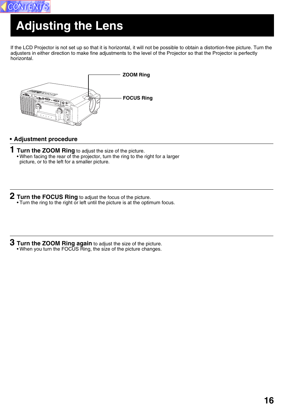 Adjusting the lens | Panasonic PT-L759VU User Manual | Page 16 / 68