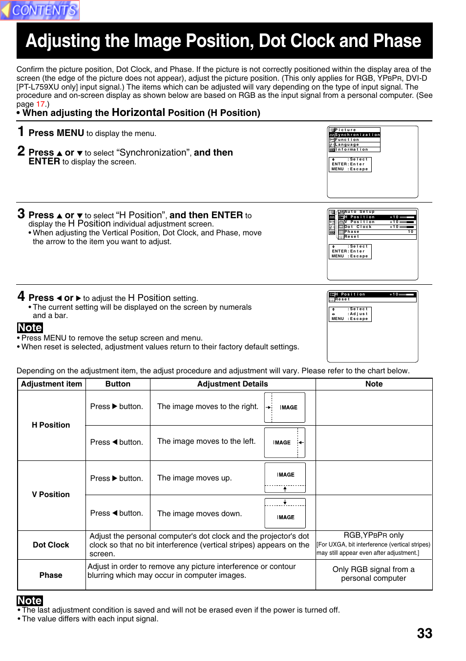 Adjusting the image position, dot clock and phase, Horizontal, When adjusting the | Position (h position), Press menu, Press or, Synchronization, And then enter, H position, Rgb,yp | Panasonic PT-L759VU User Manual | Page 33 / 68