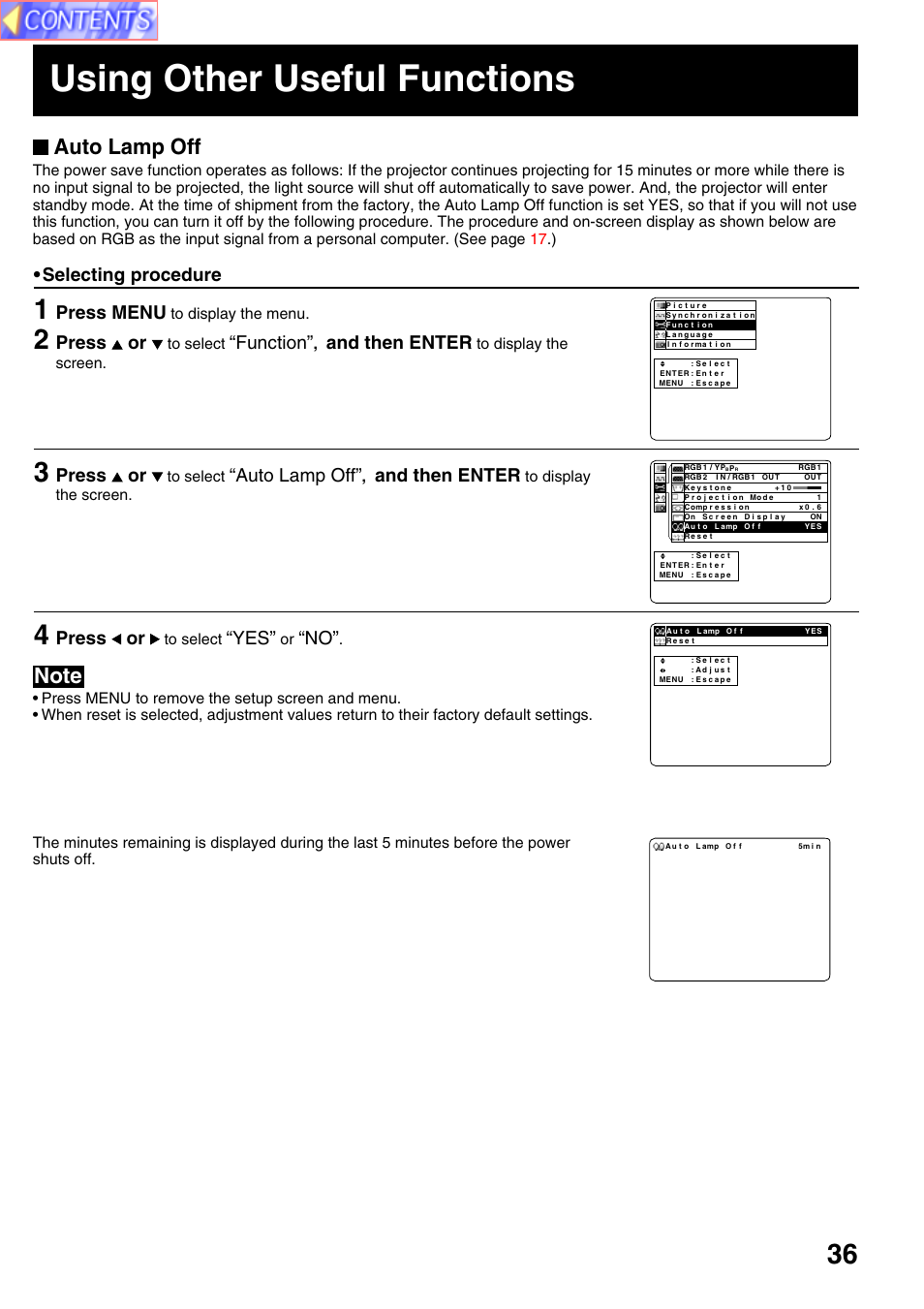 Using other useful functions, Auto lamp off, Selecting procedure | Press menu, Press or, Function, And then enter | Panasonic PT-L759VU User Manual | Page 36 / 68