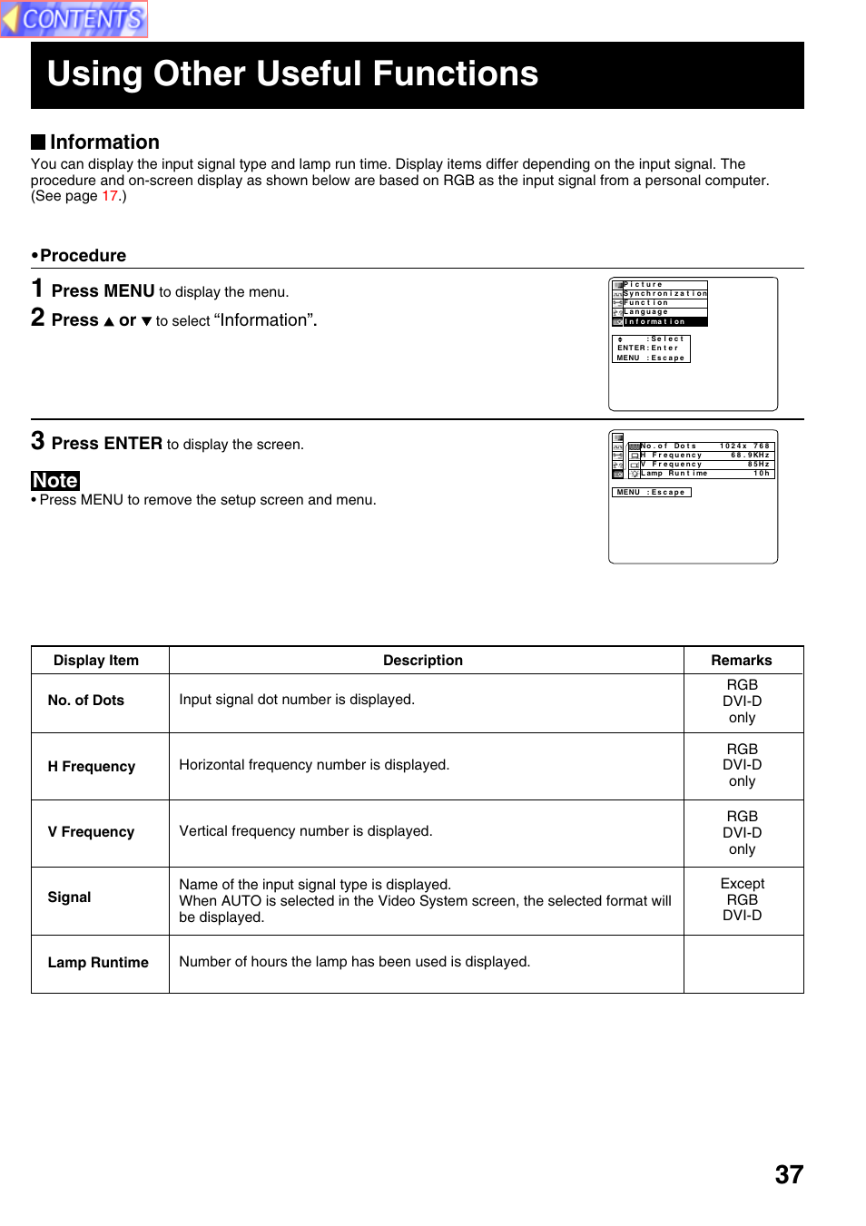 Using other useful functions, Press menu, Press or | Information, Press enter, Procedure, Press menu to remove the setup screen and menu | Panasonic PT-L759VU User Manual | Page 37 / 68
