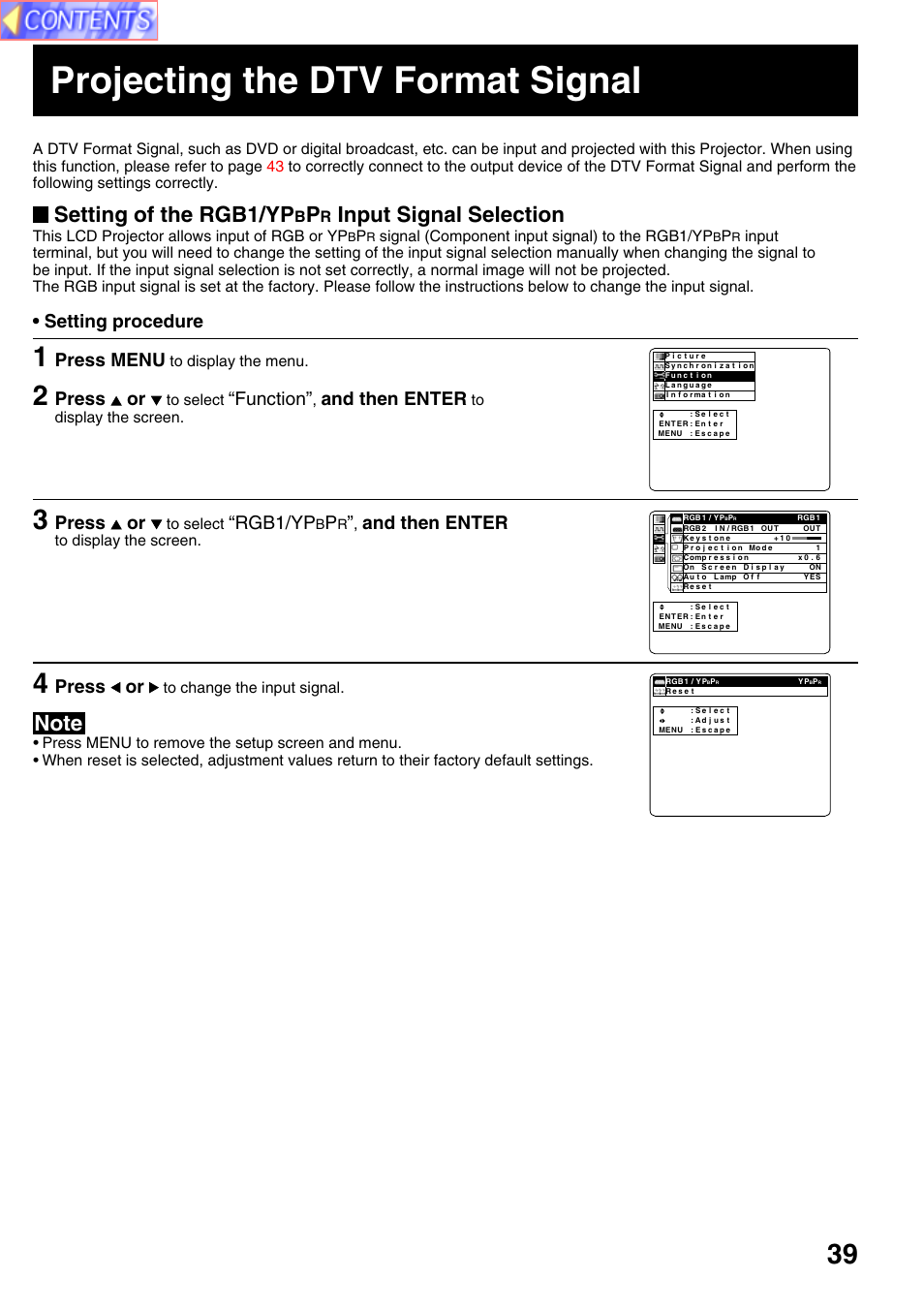Projecting the dtv format signal, Setting of the rgb1/yp, Input signal selection | Setting procedure, Press menu, Press or, Function, And then enter, Rgb1/yp, This lcd projector allows input of rgb or yp | Panasonic PT-L759VU User Manual | Page 39 / 68