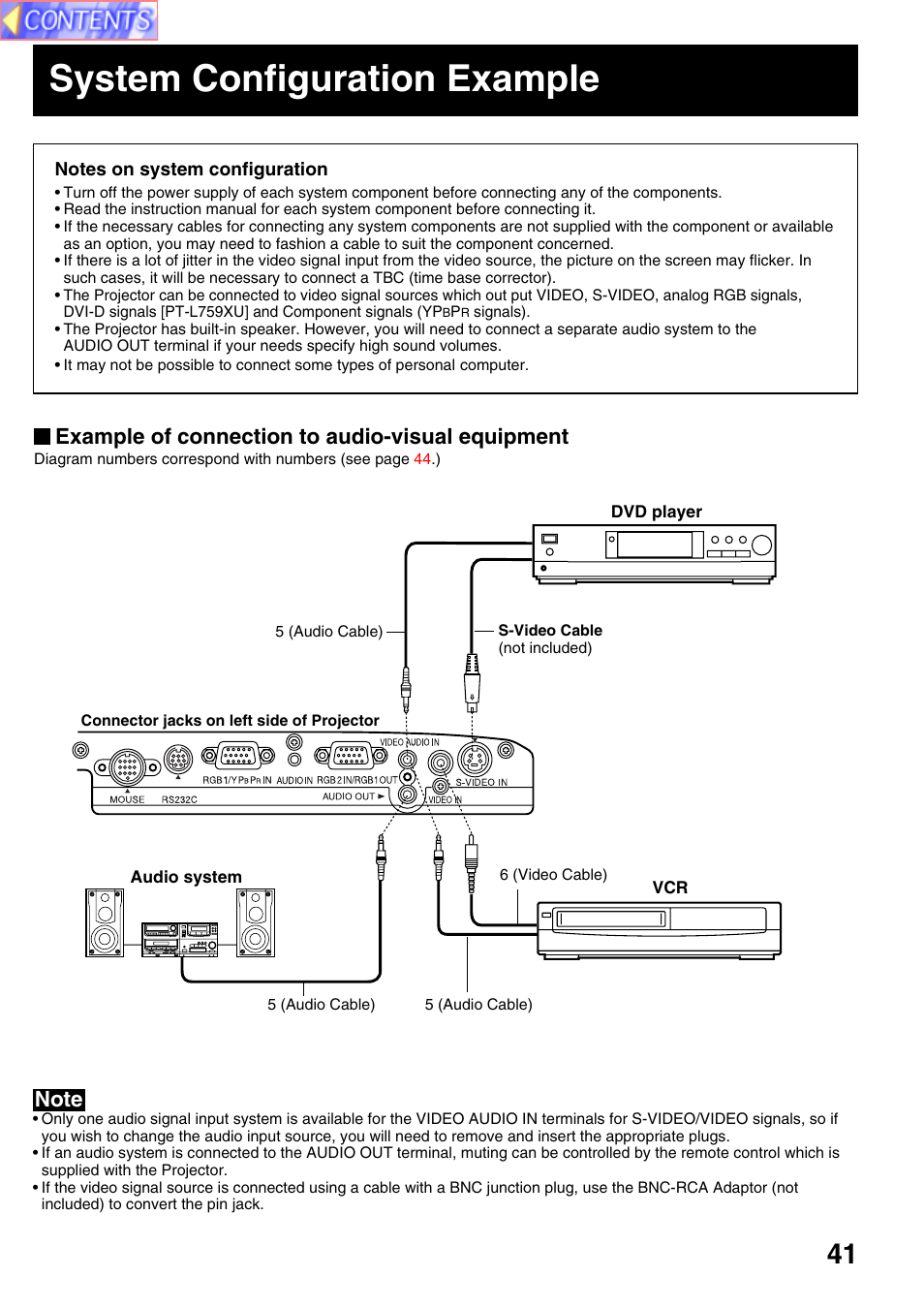 System configuration example, Example of connection to audio-visual equipment | Panasonic PT-L759VU User Manual | Page 41 / 68