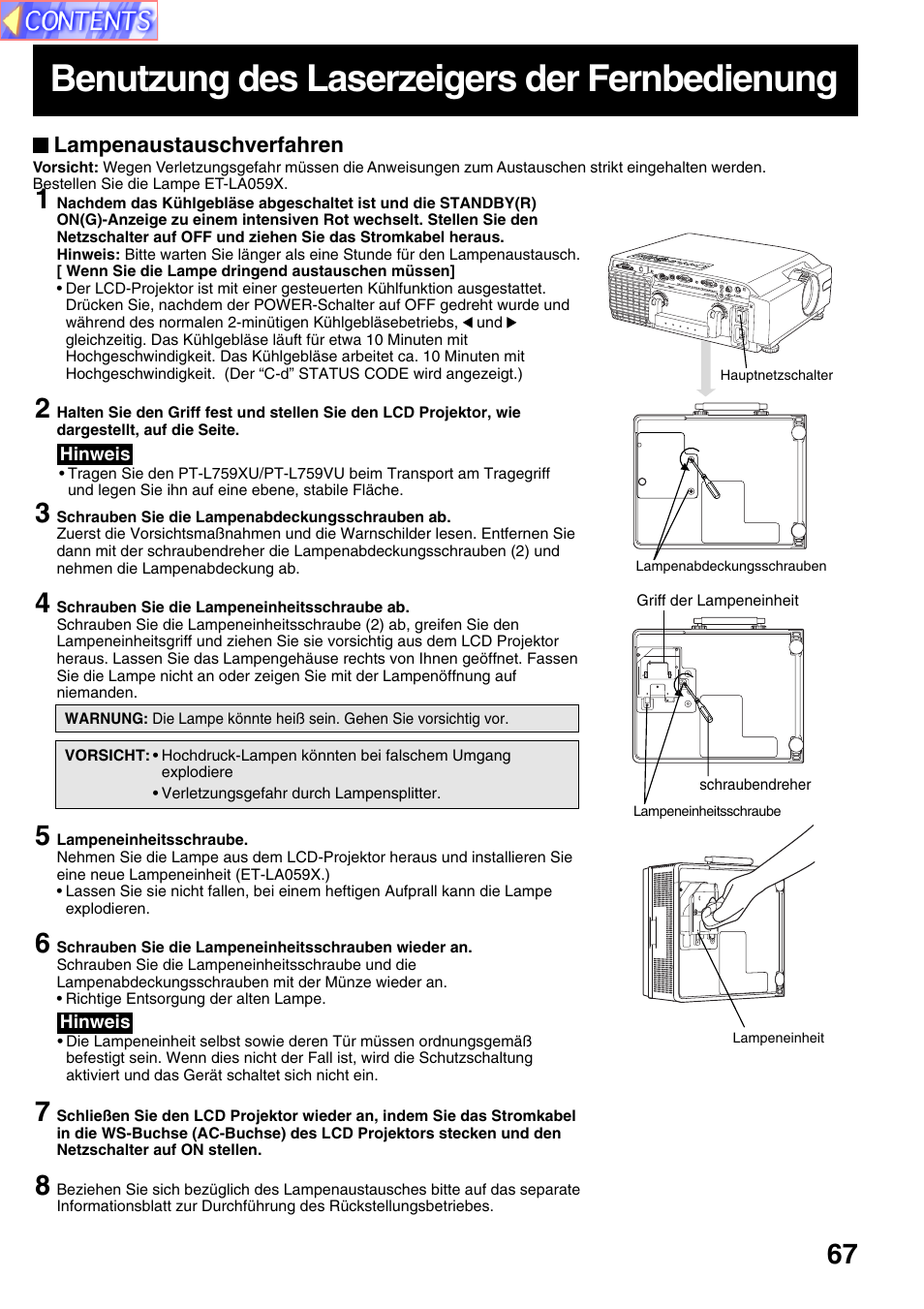 Benutzung des laserzeigers der fernbedienung | Panasonic PT-L759VU User Manual | Page 67 / 68