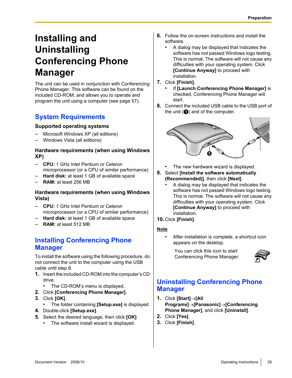 System requirements, Installing conferencing phone manager, Uninstalling conferencing phone manager | Panasonic KX-NT700 User Manual | Page 29 / 72