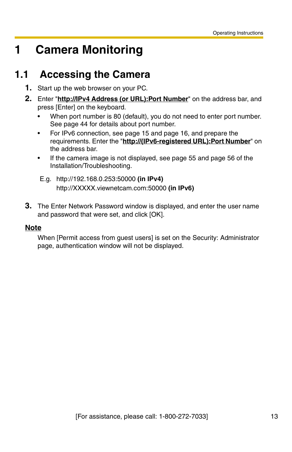 1 camera monitoring, 1 accessing the camera, 1camera monitoring | Panasonic BB-HCM371A User Manual | Page 13 / 160