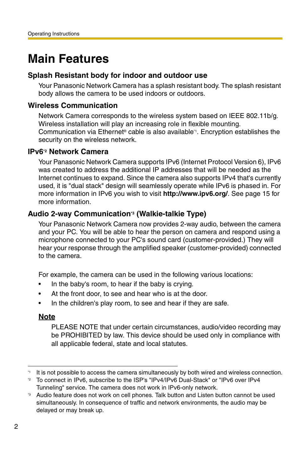 Main features, Splash resistant body for indoor and outdoor use, Wireless communication | Ipv6, Network camera, Audio 2-way communication, Walkie-talkie type) | Panasonic BB-HCM371A User Manual | Page 2 / 160