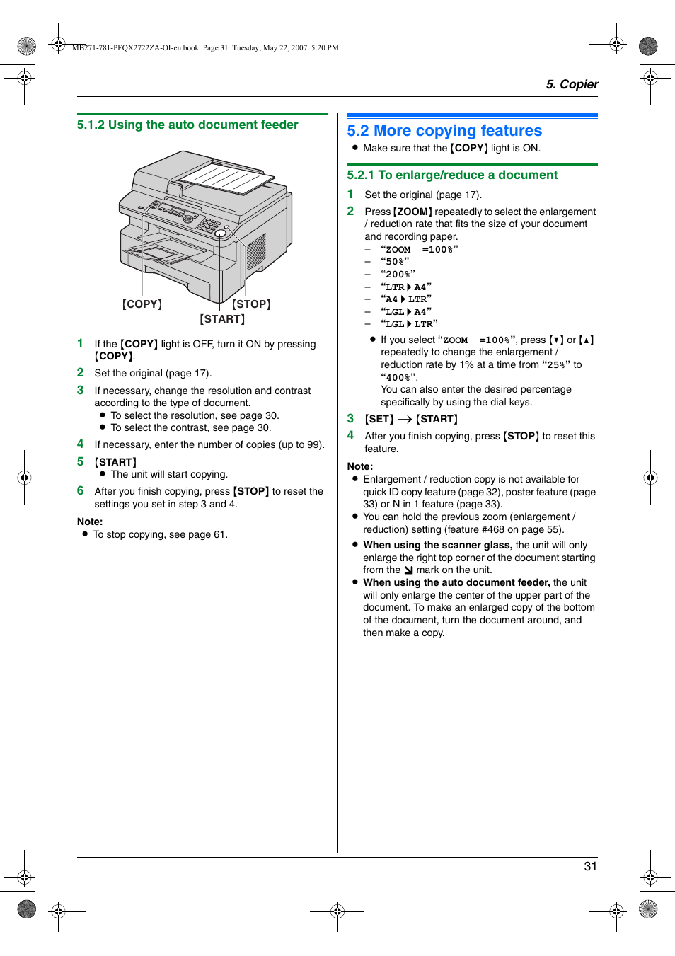 2 more copying features, More copying features, 2 more copying features | Panasonic KX-MB271 User Manual | Page 31 / 96
