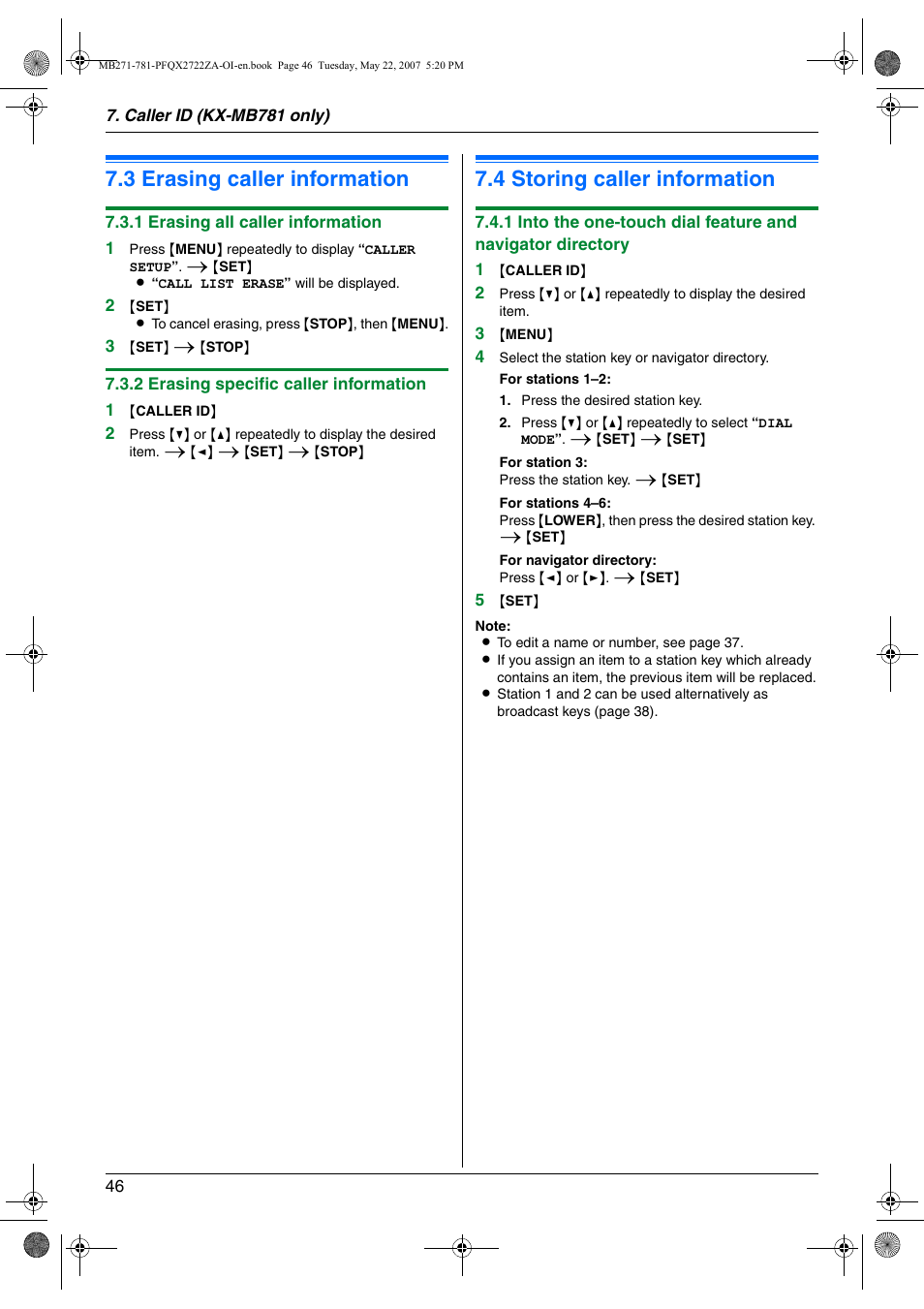 3 erasing caller information, 4 storing caller information, Erasing caller information | Storing caller information, Ep 3, 3 erasing caller information, 4 storing caller information | Panasonic KX-MB271 User Manual | Page 46 / 96