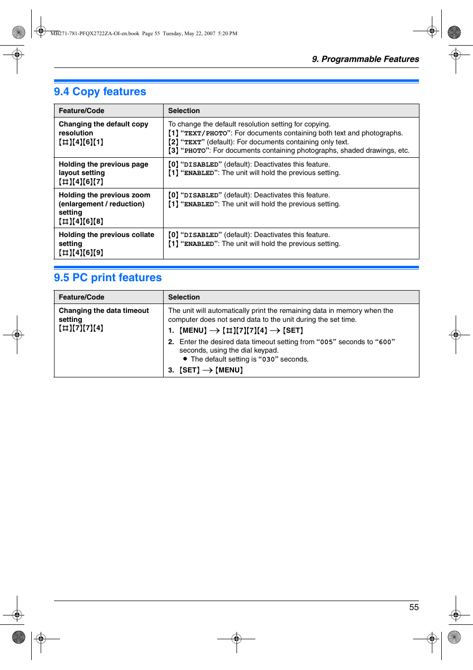 4 copy features, 5 pc print features, Copy features | Pc print features, 4 copy features 9.5 pc print features | Panasonic KX-MB271 User Manual | Page 55 / 96