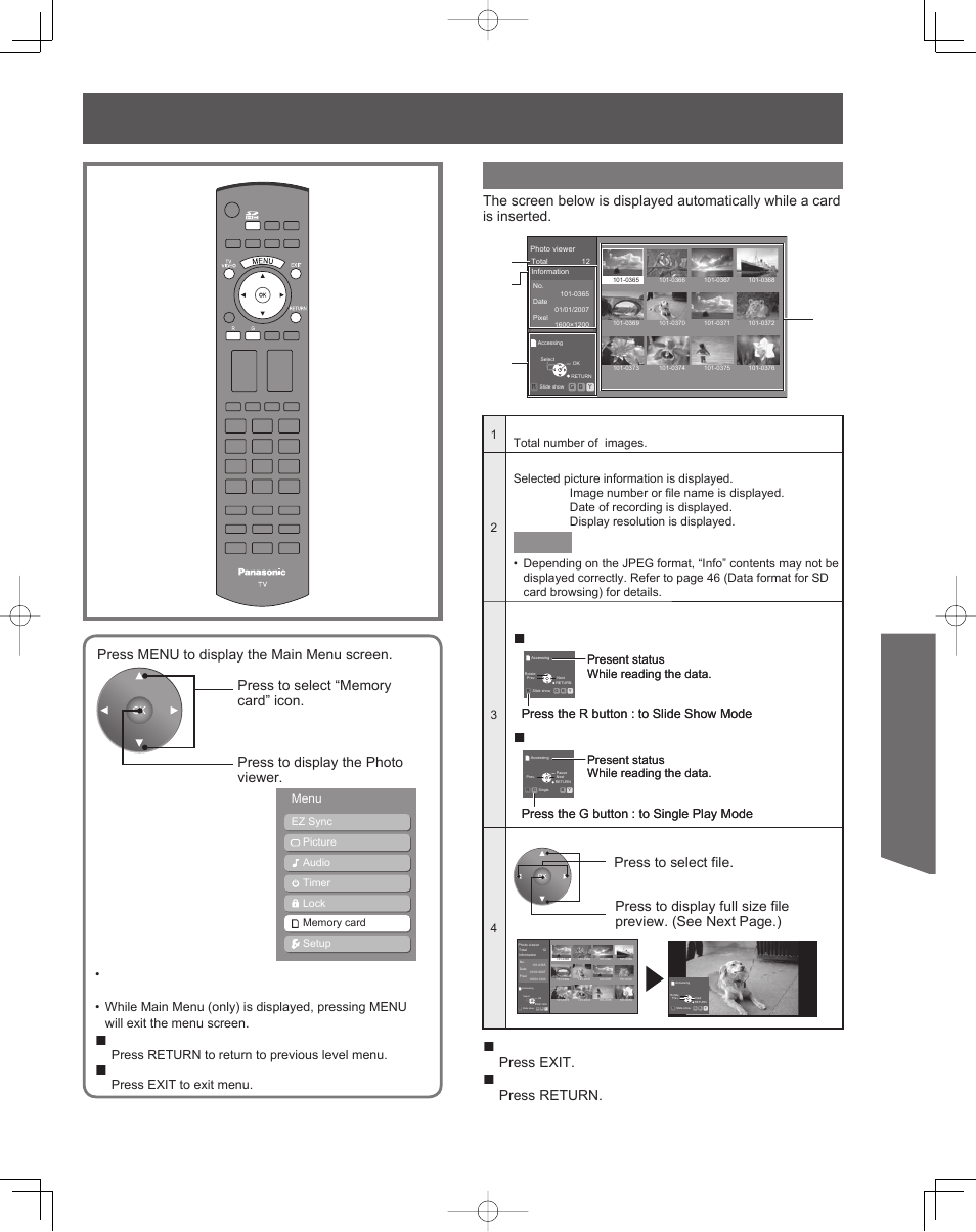Advanced op er a tion, Photo viewer mode, Exit photo viewer | Return to the previous screen, Slide show mode, Single play mode, Press exit, Press return, Total, Information | Panasonic PT-61LCZ7 User Manual | Page 47 / 68