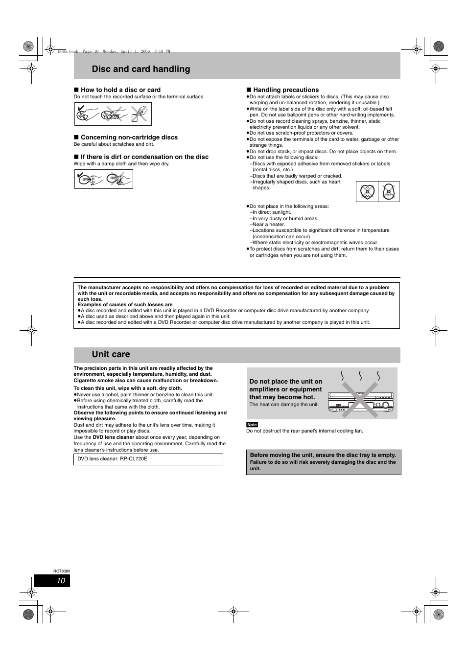 Disc and card handling, Unit care | Panasonic DIGA DMR-EH65 User Manual | Page 10 / 76