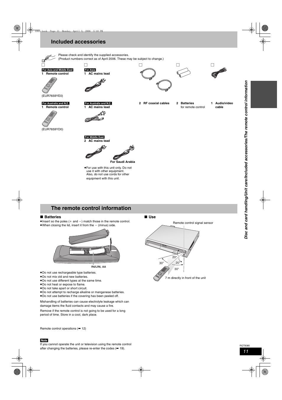 Included accessories, The remote control information | Panasonic DIGA DMR-EH65 User Manual | Page 11 / 76