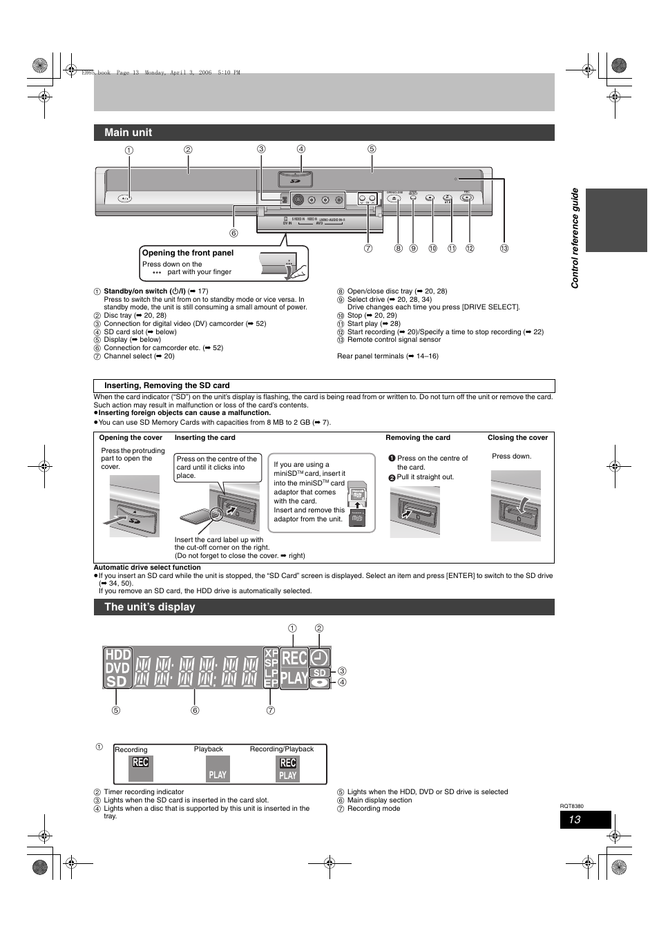 Main unit, The unit’s display, Play | Panasonic DIGA DMR-EH65 User Manual | Page 13 / 76