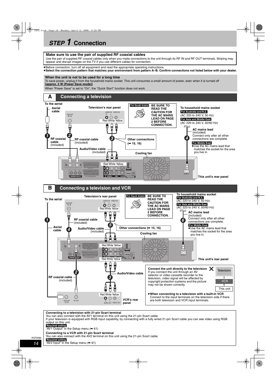 Step, Connection, Connecting a television | Connecting a television and vcr, When the unit is not to be used for a long time | Panasonic DIGA DMR-EH65 User Manual | Page 14 / 76