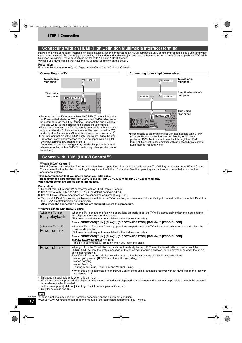 Control with hdmi (hdavi control, Easy playback, Power on link | Power off link, Step 1 connection | Panasonic DIGA DMR-EH65 User Manual | Page 16 / 76