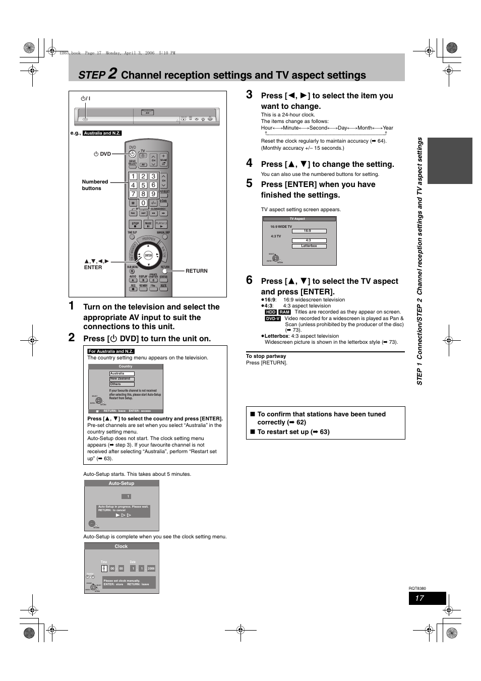 Step, Channel reception settings and tv aspect settings, Press [ í dvd] to turn the unit on | Press [ 3 , 4 ] to change the setting, Press [enter] when you have finished the settings, Open/close drive select | Panasonic DIGA DMR-EH65 User Manual | Page 17 / 76