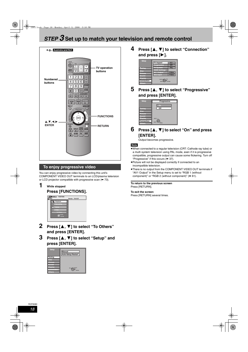 Step, Set up to match your television and remote control, Press [functions | Press [ 3 , 4 ] to select “setup” and press [enter, Press [ 3 , 4 ] to select “on” and press [enter | Panasonic DIGA DMR-EH65 User Manual | Page 18 / 76