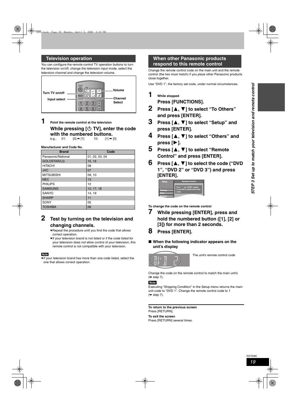 Press [functions, Press [ 3 , 4 ] to select “setup” and press [enter, Press [ 3 , 4 ] to select “others” and press [ 1 | Press [enter, Television operation | Panasonic DIGA DMR-EH65 User Manual | Page 19 / 76