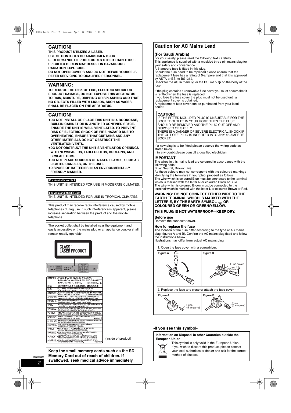 Caution, Warning, Class 1 laser product | Caution for ac mains lead | Panasonic DIGA DMR-EH65 User Manual | Page 2 / 76