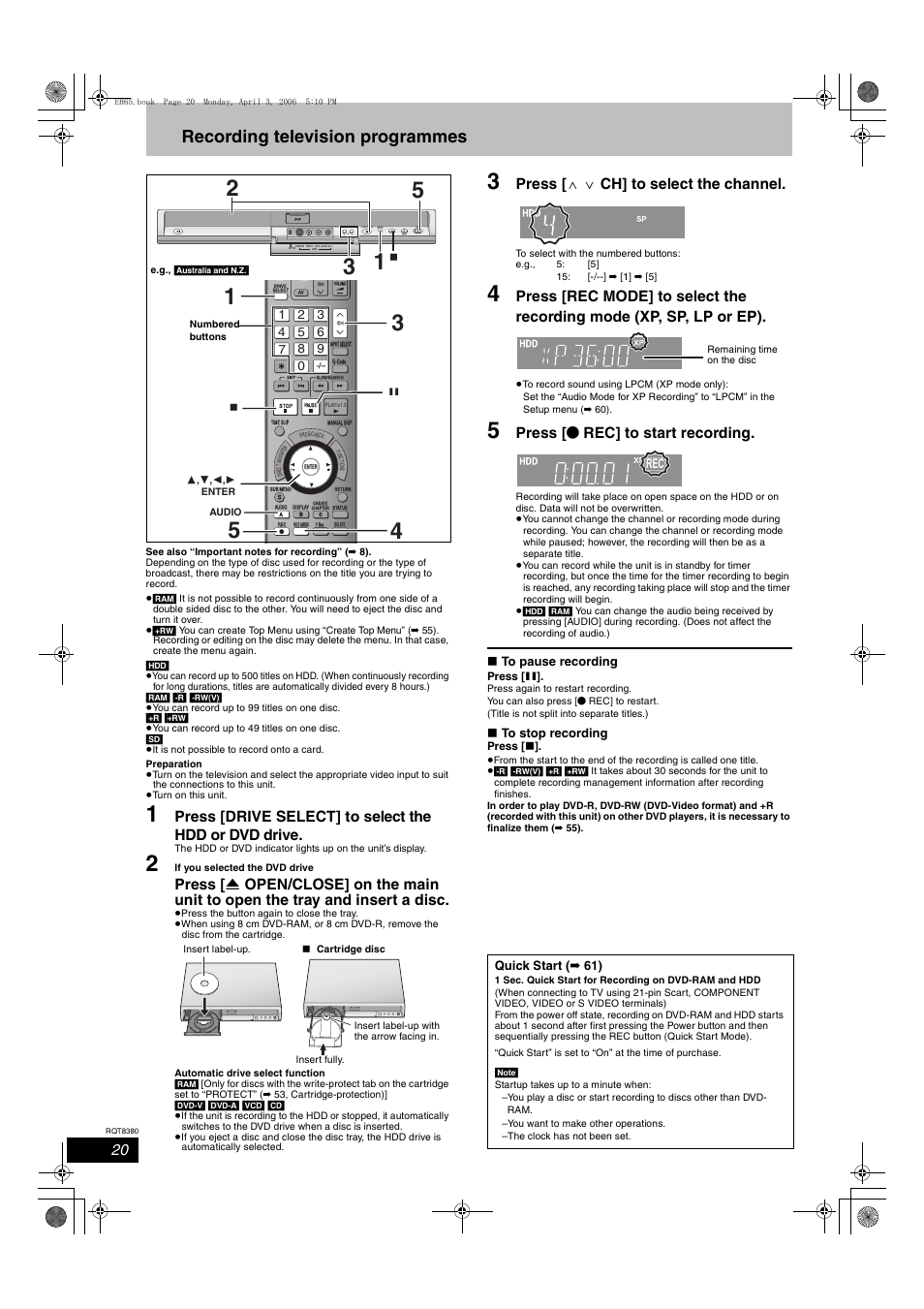 Recording television programmes, Press [ w x ch] to select the channel, Press [ ¥ rec] to start recording | Open/close drive select, Quick start ( ➡ 61) | Panasonic DIGA DMR-EH65 User Manual | Page 20 / 76