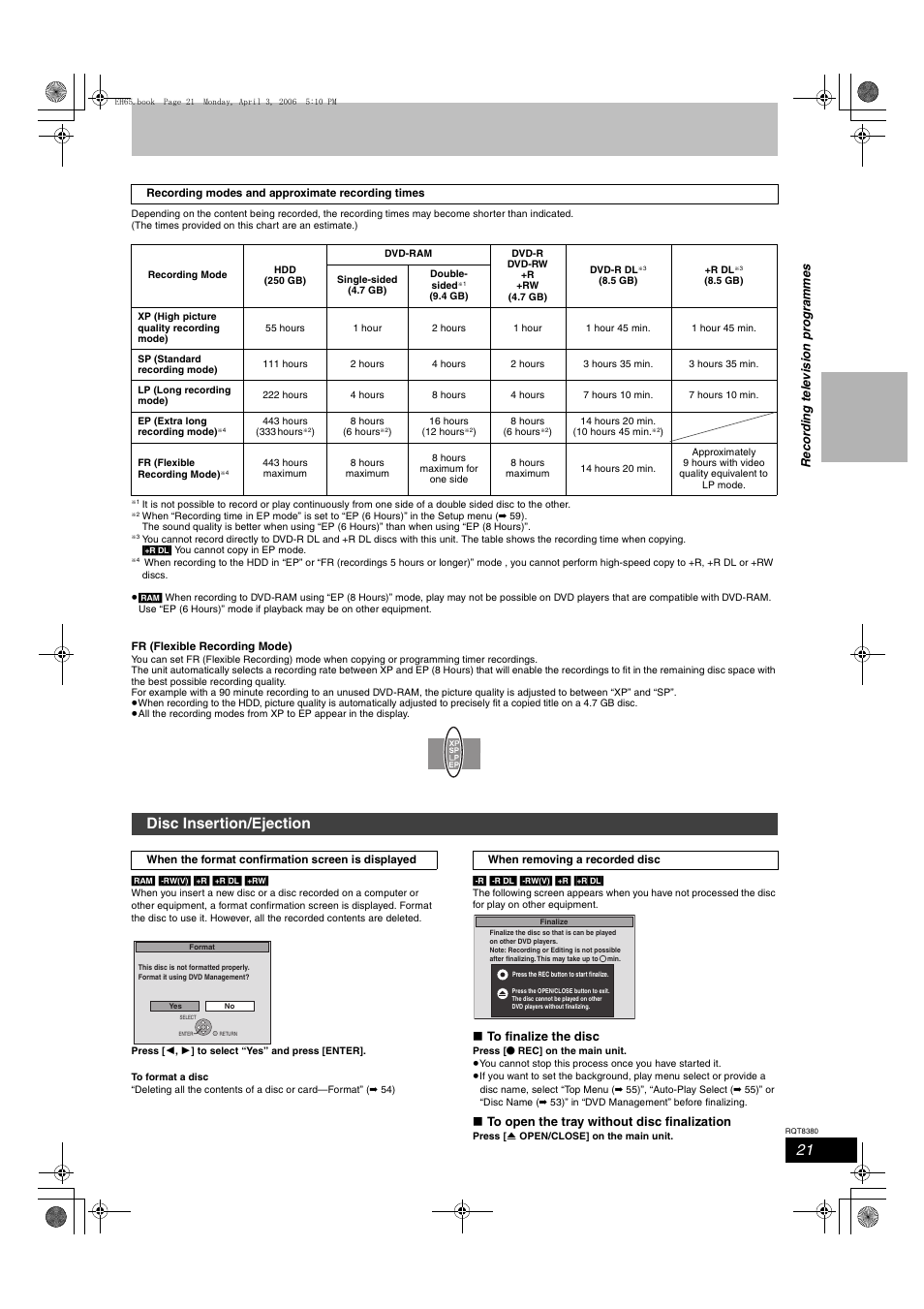 Disc insertion/ejection | Panasonic DIGA DMR-EH65 User Manual | Page 21 / 76